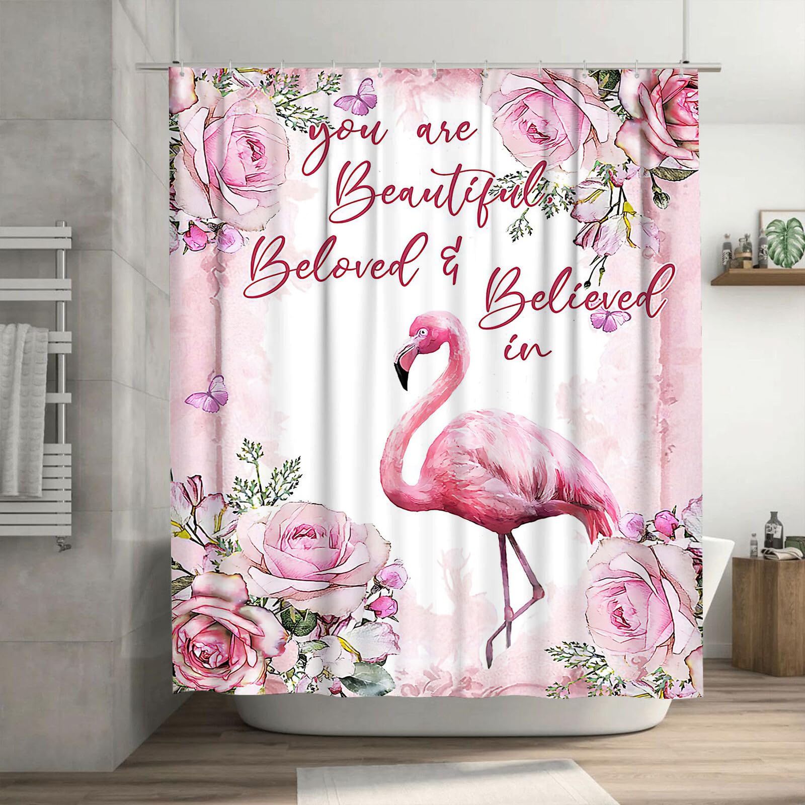 citari Pink Flamingo Shower Curtain Floral Flamingo Bathroom Shower Curtains Modern Polyester Fabric Waterproof Shower Curtains 60 x 72 Inch