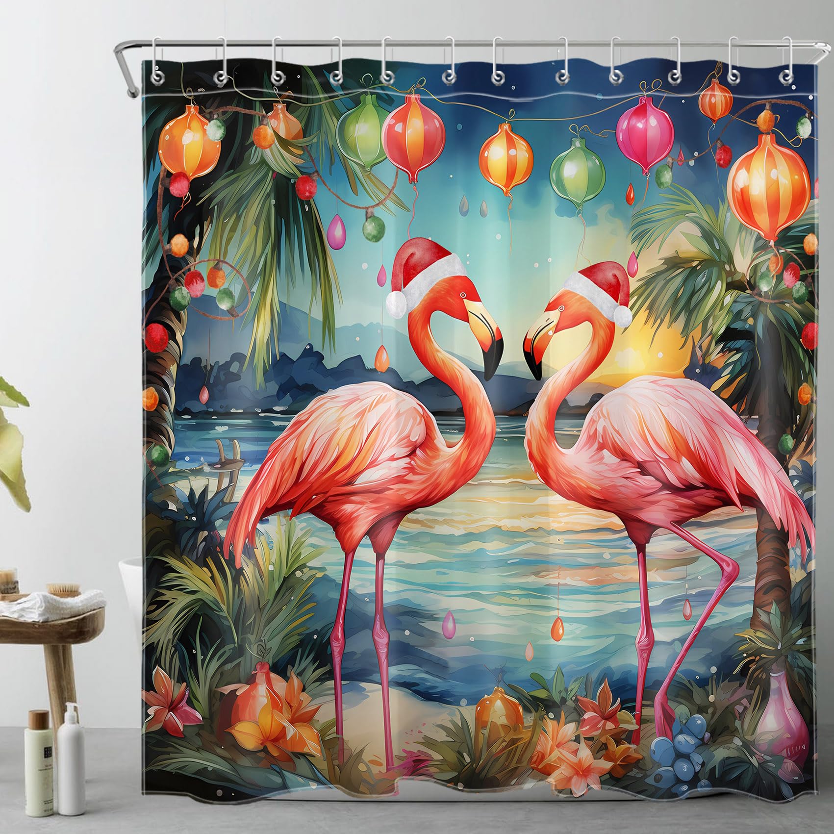 LB Tropical Christmas Shower Curtain Pink Flamingo with Xmas Hat on Beach Shower Curtain Palm Tree by Coastal Bathroom Shower Curtain Sets with Hooks Waterproof Washable Fabric,72x72 inch