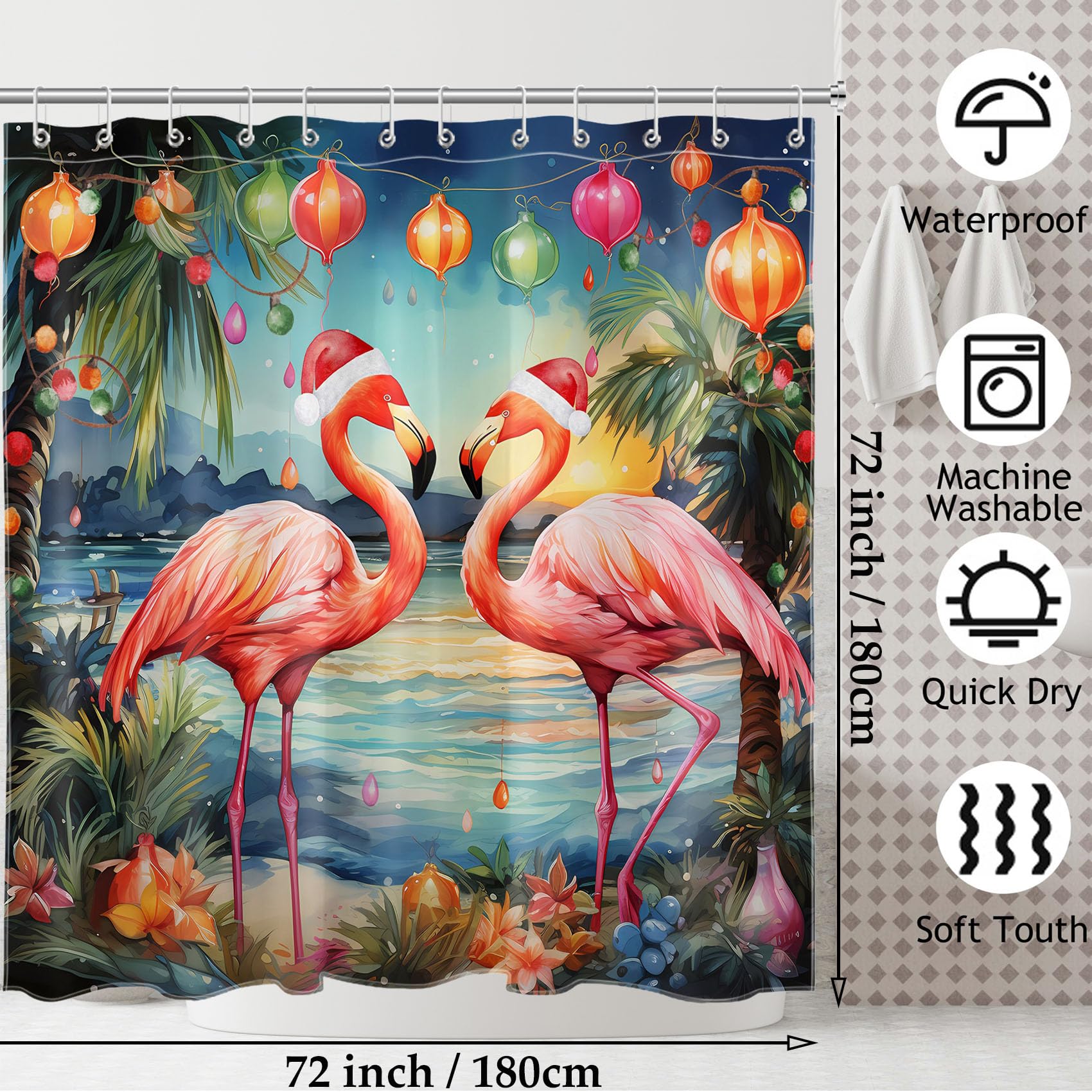 LB Tropical Christmas Shower Curtain Pink Flamingo with Xmas Hat on Beach Shower Curtain Palm Tree by Coastal Bathroom Shower Curtain Sets with Hooks Waterproof Washable Fabric,72x72 inch