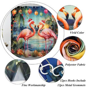 LB Tropical Christmas Shower Curtain Pink Flamingo with Xmas Hat on Beach Shower Curtain Palm Tree by Coastal Bathroom Shower Curtain Sets with Hooks Waterproof Washable Fabric,72x72 inch