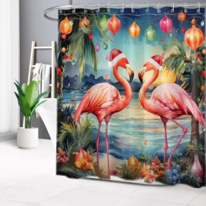 LB Tropical Christmas Shower Curtain Pink Flamingo with Xmas Hat on Beach Shower Curtain Palm Tree by Coastal Bathroom Shower Curtain Sets with Hooks Waterproof Washable Fabric,72x72 inch