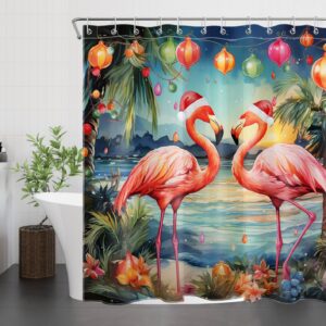 LB Tropical Christmas Shower Curtain Pink Flamingo with Xmas Hat on Beach Shower Curtain Palm Tree by Coastal Bathroom Shower Curtain Sets with Hooks Waterproof Washable Fabric,72x72 inch