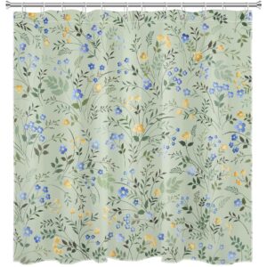 LB Nature Plant Floral Shower Curtain Decor, Yellow Blue Flower with Herb on Sage Green Shower Curtain for Bathroom 72" W x 72" L Polyester Fabric Bathroom Decoration Bath Curtains Hooks Included