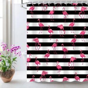 LIVILAN Flamingo Shower Curtains, Pink Shower Curtains with Hooks Flamingo Black and White Stripes Shower Curtains for Bathroom Decor, Machine Washable(72" X 72")