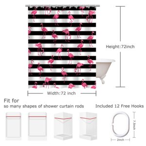 LIVILAN Flamingo Shower Curtains, Pink Shower Curtains with Hooks Flamingo Black and White Stripes Shower Curtains for Bathroom Decor, Machine Washable(72" X 72")