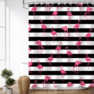 LIVILAN Flamingo Shower Curtains, Pink Shower Curtains with Hooks Flamingo Black and White Stripes Shower Curtains for Bathroom Decor, Machine Washable(72" X 72")