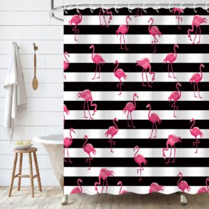 LIVILAN Flamingo Shower Curtains, Pink Shower Curtains with Hooks Flamingo Black and White Stripes Shower Curtains for Bathroom Decor, Machine Washable(72" X 72")