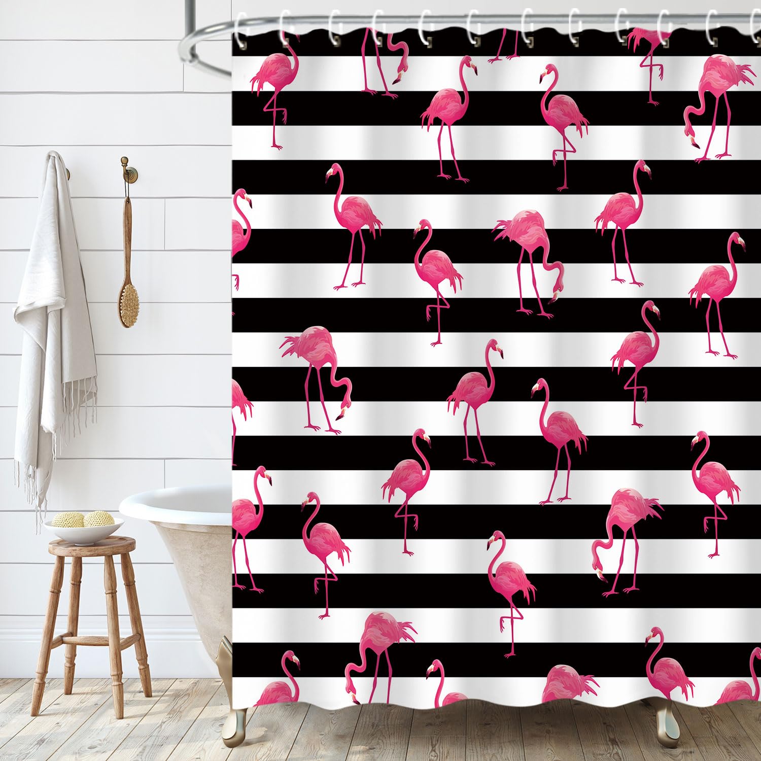 LIVILAN Flamingo Shower Curtains, Pink Shower Curtains with Hooks Flamingo Black and White Stripes Shower Curtains for Bathroom Decor, Machine Washable(72" X 72")