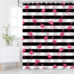 LIVILAN Flamingo Shower Curtains, Pink Shower Curtains with Hooks Flamingo Black and White Stripes Shower Curtains for Bathroom Decor, Machine Washable(72" X 72")