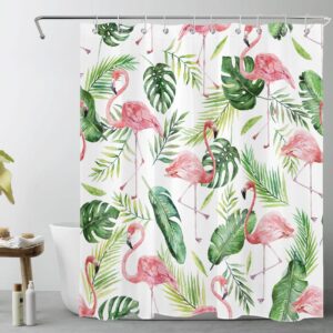 lb tropical pink flamingo shower curtain for bathroom,sage green palm leaf monstera and banana leaf fabric shower curtain with hooks,summer watercolor plant bathroom curtains shower set, 60x72 inches