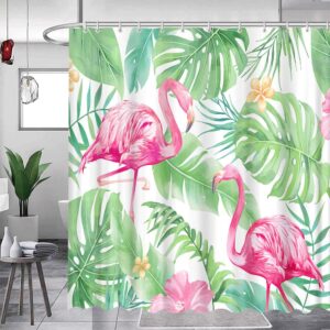 feierman tropical pink flamingo shower curtain art decor green teal palm leaves flower modern animal style bathroom curtain decor set with hooks 70x70inches