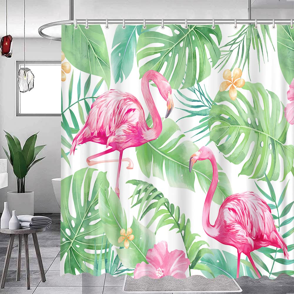 FEIERMAN Tropical Pink Flamingo Shower Curtain Art Decor Green Teal Palm Leaves Flower Modern Animal Style Bathroom Curtain Decor Set with Hooks 70x70Inches