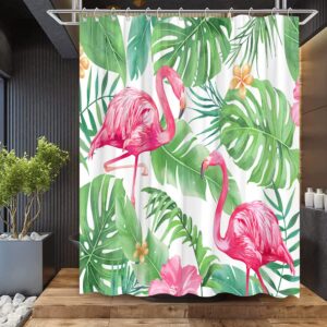 FEIERMAN Tropical Pink Flamingo Shower Curtain Art Decor Green Teal Palm Leaves Flower Modern Animal Style Bathroom Curtain Decor Set with Hooks 70x70Inches