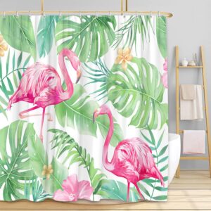 FEIERMAN Tropical Pink Flamingo Shower Curtain Art Decor Green Teal Palm Leaves Flower Modern Animal Style Bathroom Curtain Decor Set with Hooks 70x70Inches