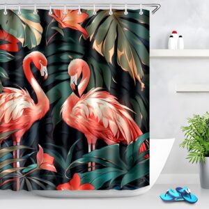 Giyimgaf Tropical Pink Shower Curtains for Bathroom with 12 Hooks Waterproof Flamingo Bathroom Decor Fabric Hot Pink Shower Curtains 72 x 72 Inches