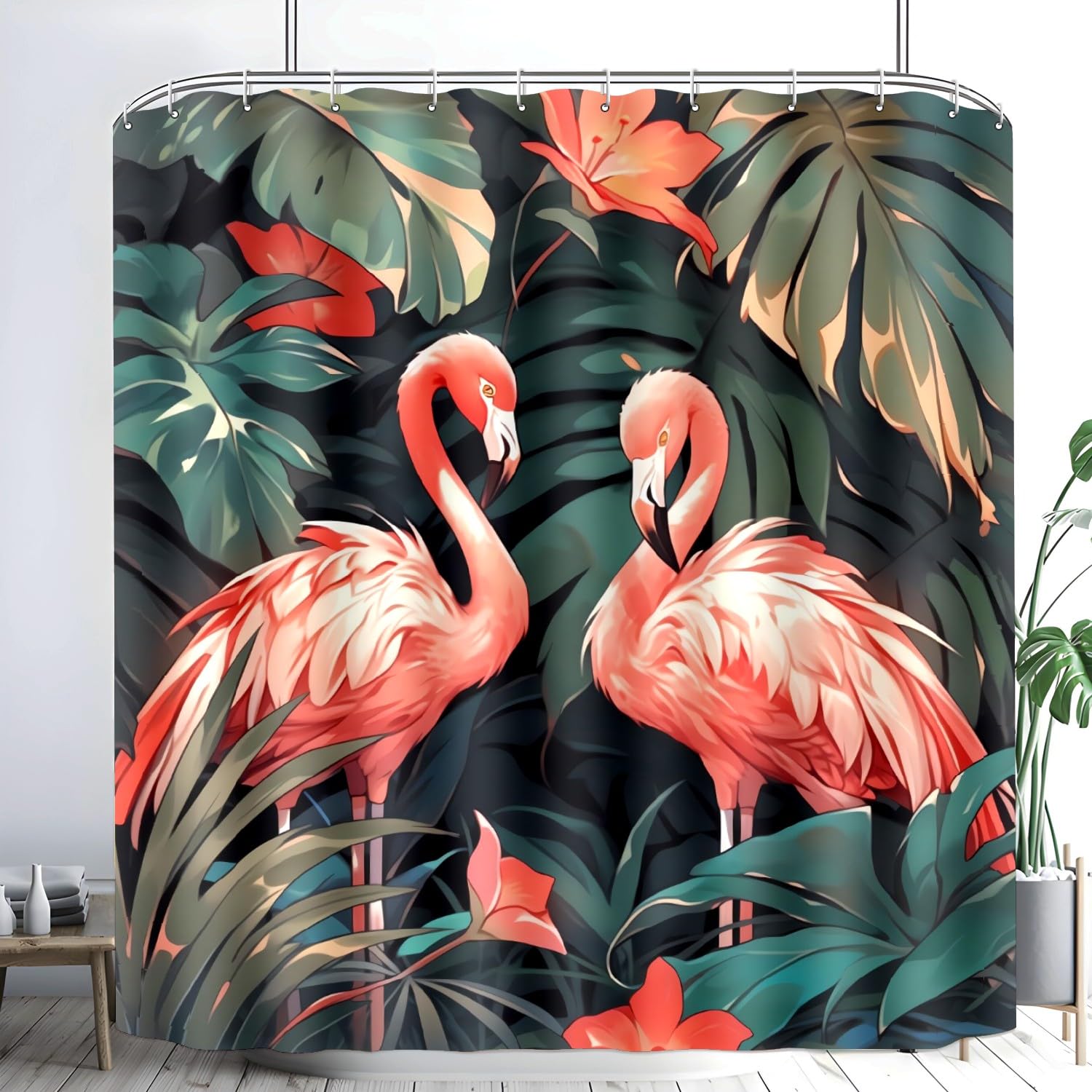 Giyimgaf Tropical Pink Shower Curtains for Bathroom with 12 Hooks Waterproof Flamingo Bathroom Decor Fabric Hot Pink Shower Curtains 72 x 72 Inches