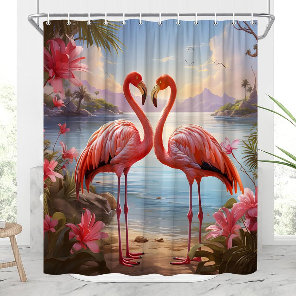 JONSEQIN Flamingo Shower Curtain Tropics Summer Plant and Animal Palm Tree Floral Farmhouse Rustic Rural Nature Romantic Ocean Seaside Landscape Bathroom Decor Curtains 70x70 inch with Hook