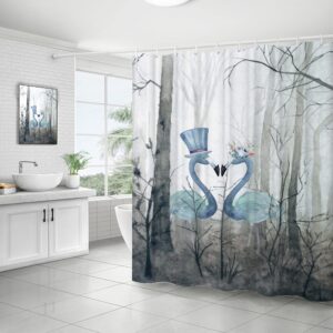 Tropical Flamingo Shower Curtain Romantic Couple Birds Bath Bathtub Bathroom Misty Jungle Decor Sets with 12 Hooks Waterproof Durable Polyester Fabric Washable 72" L x 72" W Purple Grey Blue White