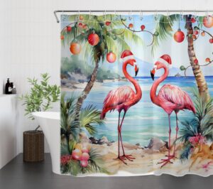 lb christmas flamingo shower curtain pink flamingo with palm tree and christmas balls bathroom shower curtain xmas beach theme bathroom decor with hooks 72lx72w inch polyester bath curtain