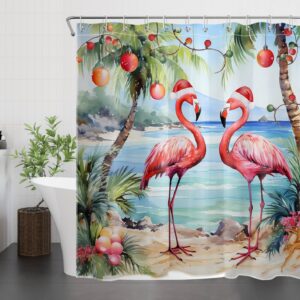 LB Christmas Flamingo Shower Curtain Pink Flamingo with Palm Tree and Christmas Balls Bathroom Shower Curtain Xmas Beach Theme Bathroom Decor with Hooks 72Lx72W Inch Polyester Bath Curtain