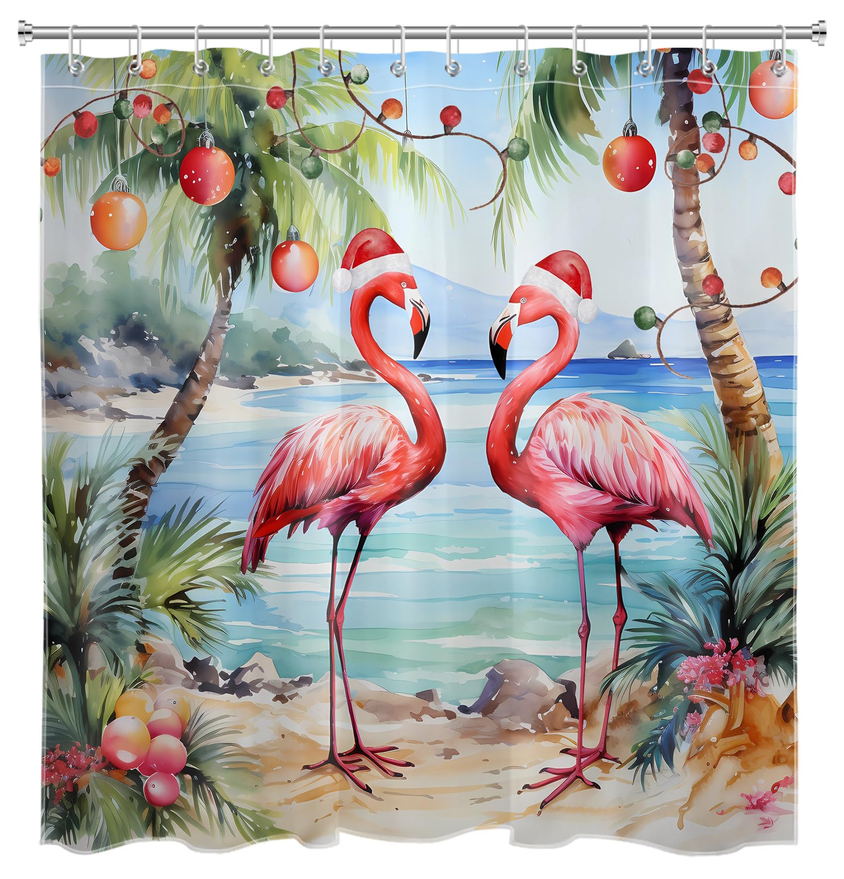 LB Christmas Flamingo Shower Curtain Pink Flamingo with Palm Tree and Christmas Balls Bathroom Shower Curtain Xmas Beach Theme Bathroom Decor with Hooks 72Lx72W Inch Polyester Bath Curtain