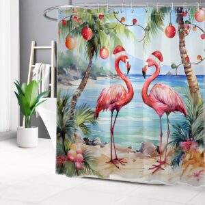 LB Christmas Flamingo Shower Curtain Pink Flamingo with Palm Tree and Christmas Balls Bathroom Shower Curtain Xmas Beach Theme Bathroom Decor with Hooks 72Lx72W Inch Polyester Bath Curtain