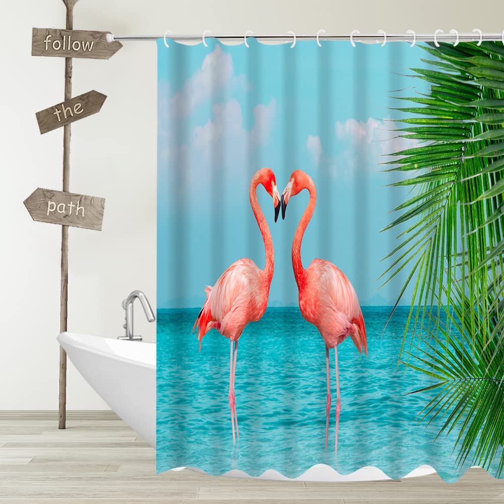 YUYASM Tropical Beach Shower Curtain Fabric Blue Ocean Pink Flamingo Couple Green Palm Leaves Summer Nautical Decor Bathroom Bath Curtains with Hooks 70x70 Inches