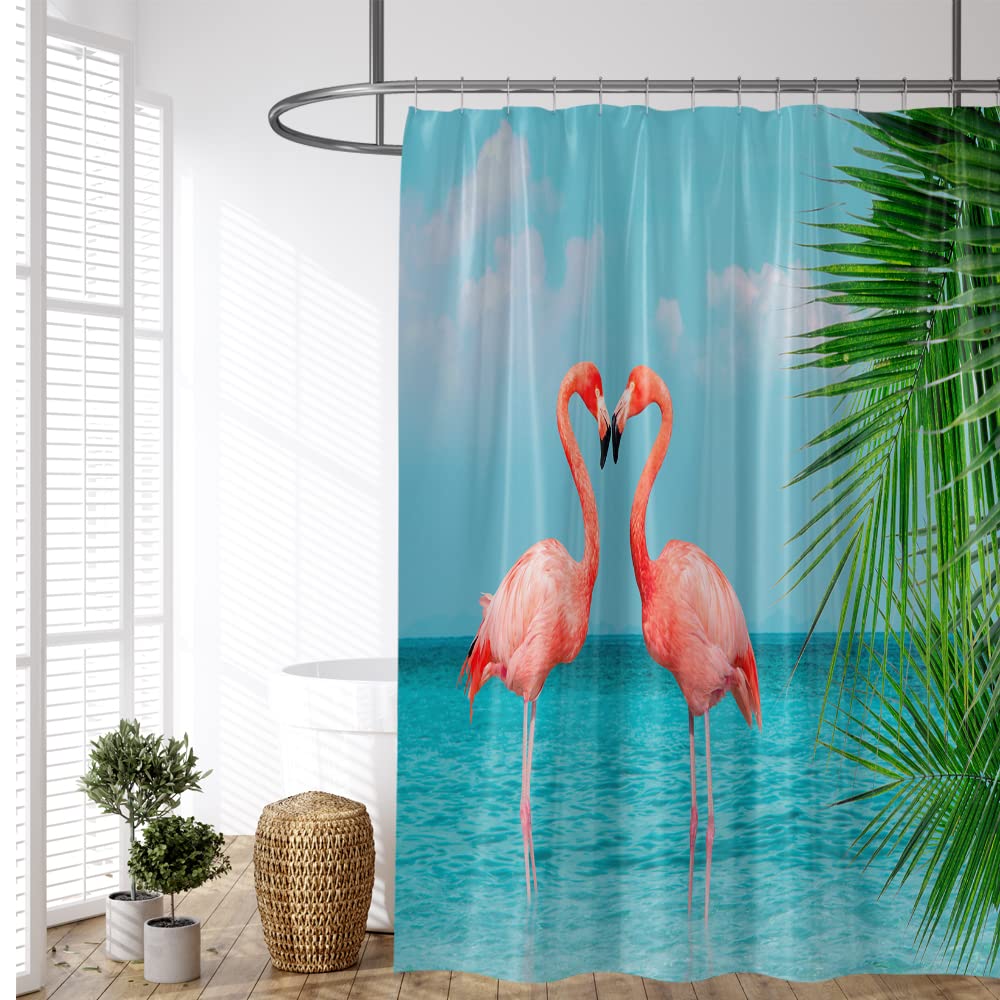 YUYASM Tropical Beach Shower Curtain Fabric Blue Ocean Pink Flamingo Couple Green Palm Leaves Summer Nautical Decor Bathroom Bath Curtains with Hooks 70x70 Inches