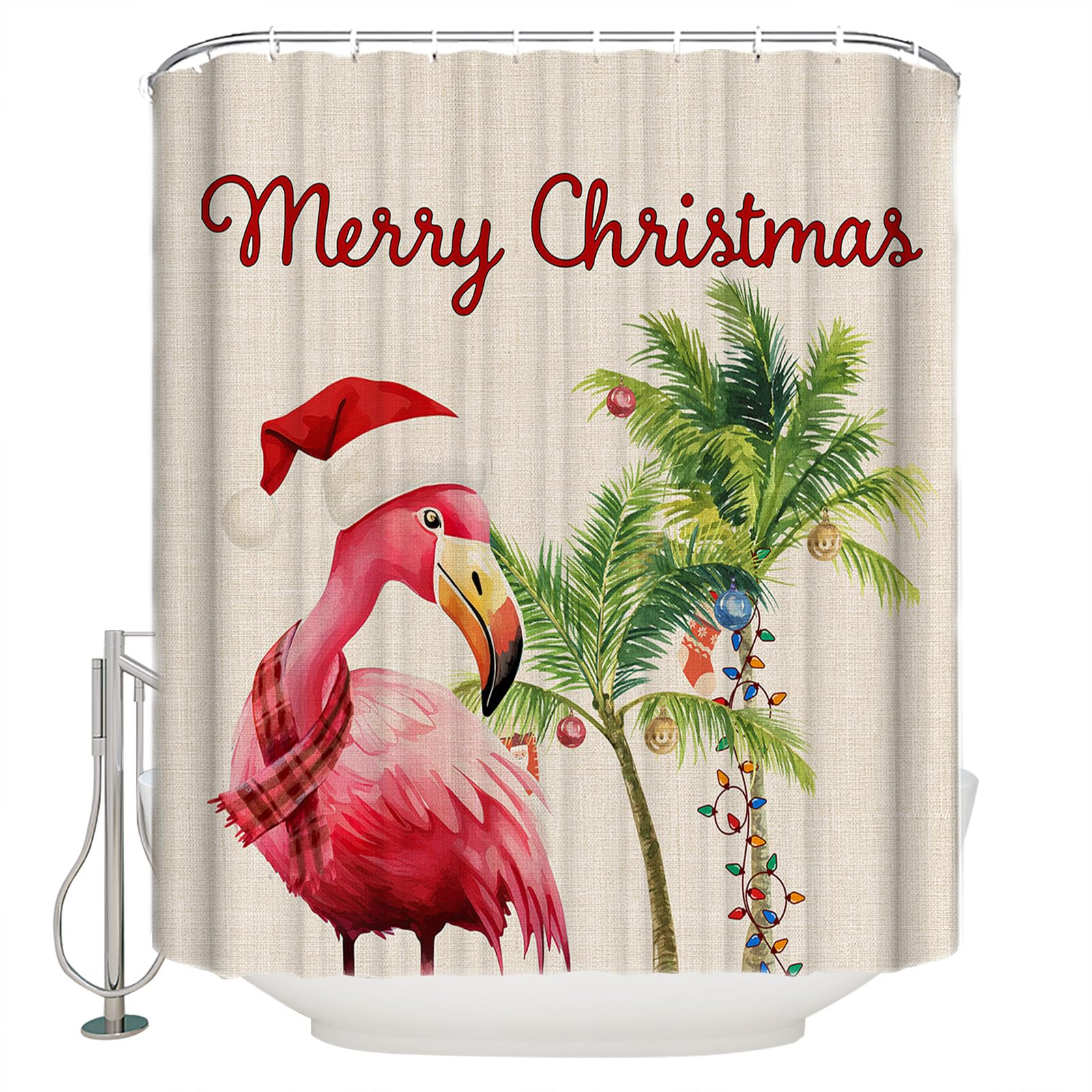 PIEPLE Christmas Flamingos Shower Curtain, Waterproof Washable Boho Funny Cute Shower Curtains Set for Bathroom Bathtubs Curtains Decor Set, 36" Wx72 L with Hooks Xmas Balls Tree Rustic