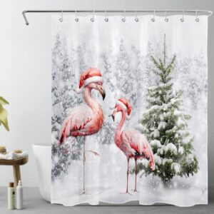 MEUNEAR Christmas Winter Shower Curtain Set Pink Flamingo and Christmas Tree on Snowfield Shower Curtain for Bathroom, Pine Tree Covered with Snow Shower Curtain with Hooks, 72L X 60W inches