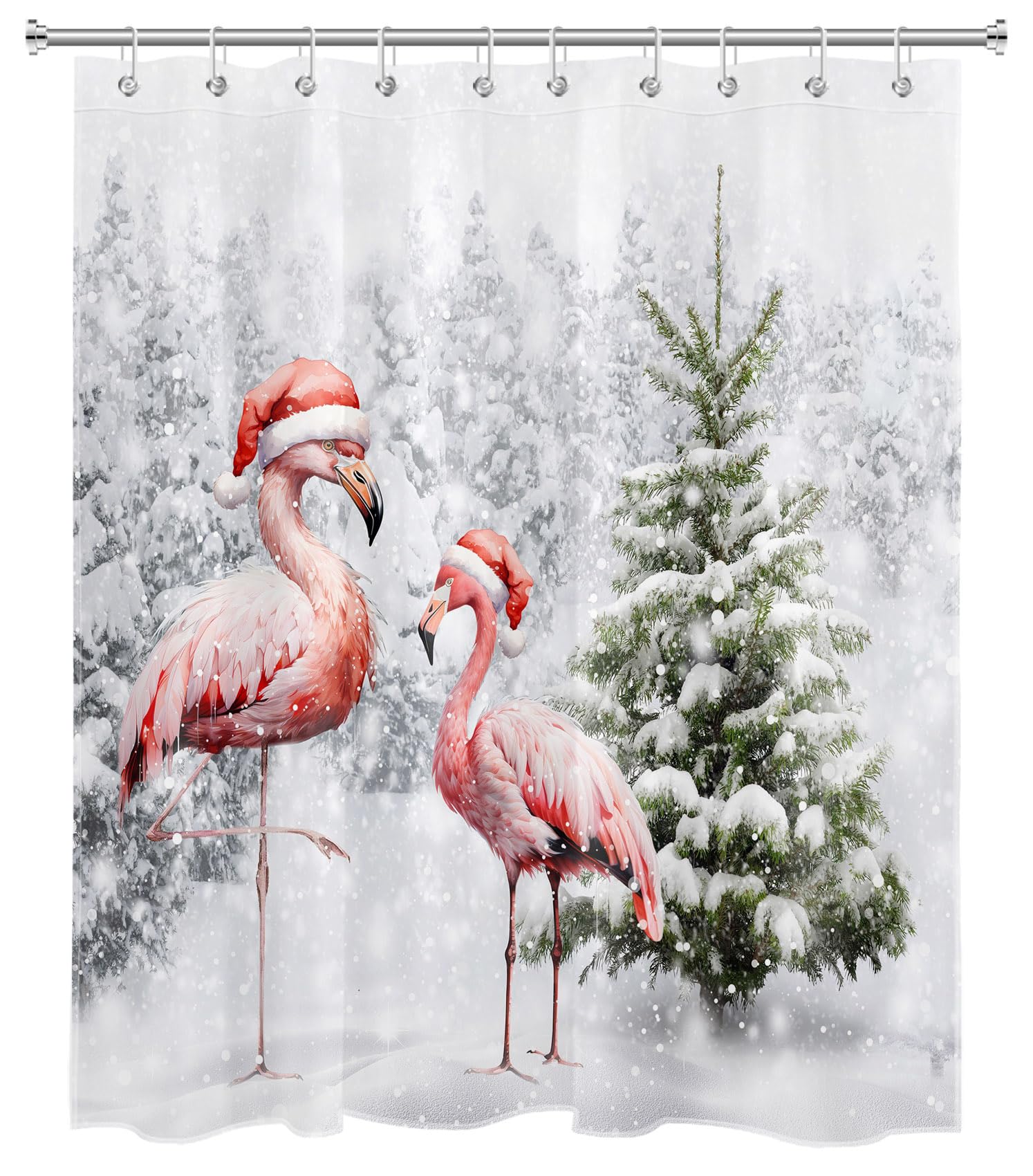 MEUNEAR Christmas Winter Shower Curtain Set Pink Flamingo and Christmas Tree on Snowfield Shower Curtain for Bathroom, Pine Tree Covered with Snow Shower Curtain with Hooks, 72L X 60W inches