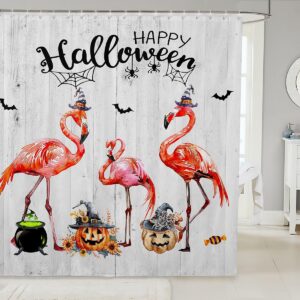 manfei halloween shower curtains pink flamingo waterproof bath curtains with 12 hooks suits for bathtub, fall pumpkin sunflower leaves bathroom curtains for kids girls room decor, 72" w x 78" l