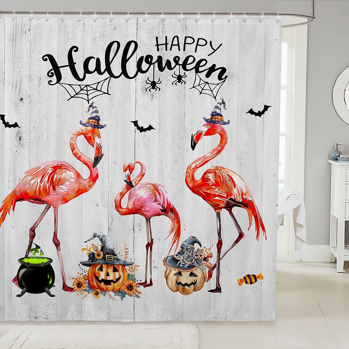 Manfei Halloween Shower Curtains Pink Flamingo Waterproof Bath Curtains with 12 Hooks Suits for Bathtub, Fall Pumpkin Sunflower Leaves Bathroom Curtains for Kids Girls Room Decor, 72" W x 78" L