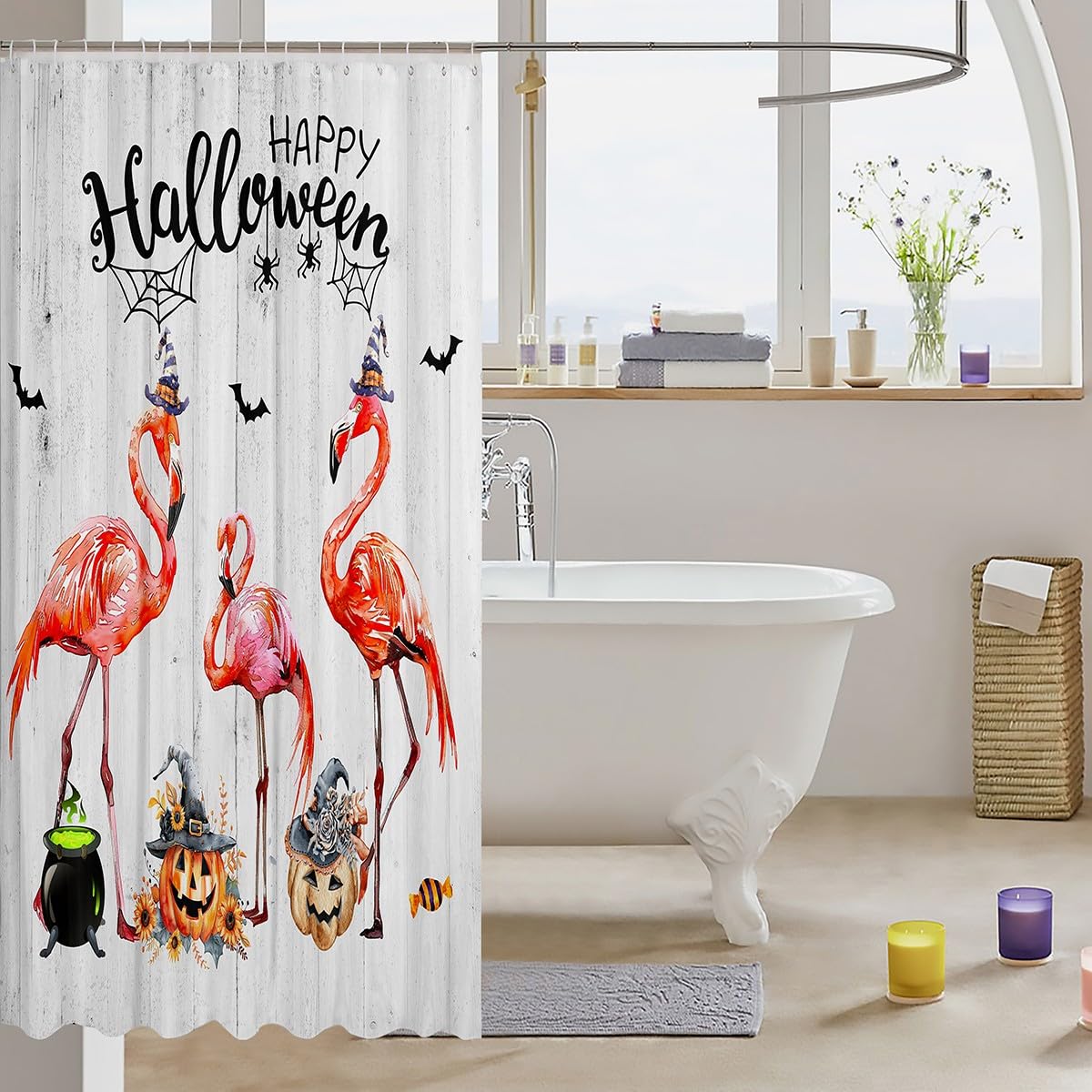 Manfei Halloween Shower Curtains Pink Flamingo Waterproof Bath Curtains with 12 Hooks Suits for Bathtub, Fall Pumpkin Sunflower Leaves Bathroom Curtains for Kids Girls Room Decor, 72" W x 78" L