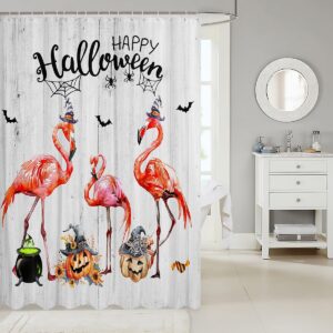 Manfei Halloween Shower Curtains Pink Flamingo Waterproof Bath Curtains with 12 Hooks Suits for Bathtub, Fall Pumpkin Sunflower Leaves Bathroom Curtains for Kids Girls Room Decor, 72" W x 78" L