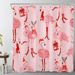 WEENEO Pink Christmas Shower Curtain Funny Flamingo with Red Xmas Hat and Gift Shower Curtain for Bathroom Winter Holiday Fabric Bath Curtain with 12pcs Hooks,72x72 Inch