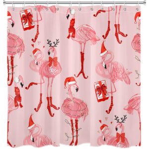 WEENEO Pink Christmas Shower Curtain Funny Flamingo with Red Xmas Hat and Gift Shower Curtain for Bathroom Winter Holiday Fabric Bath Curtain with 12pcs Hooks,72x72 Inch