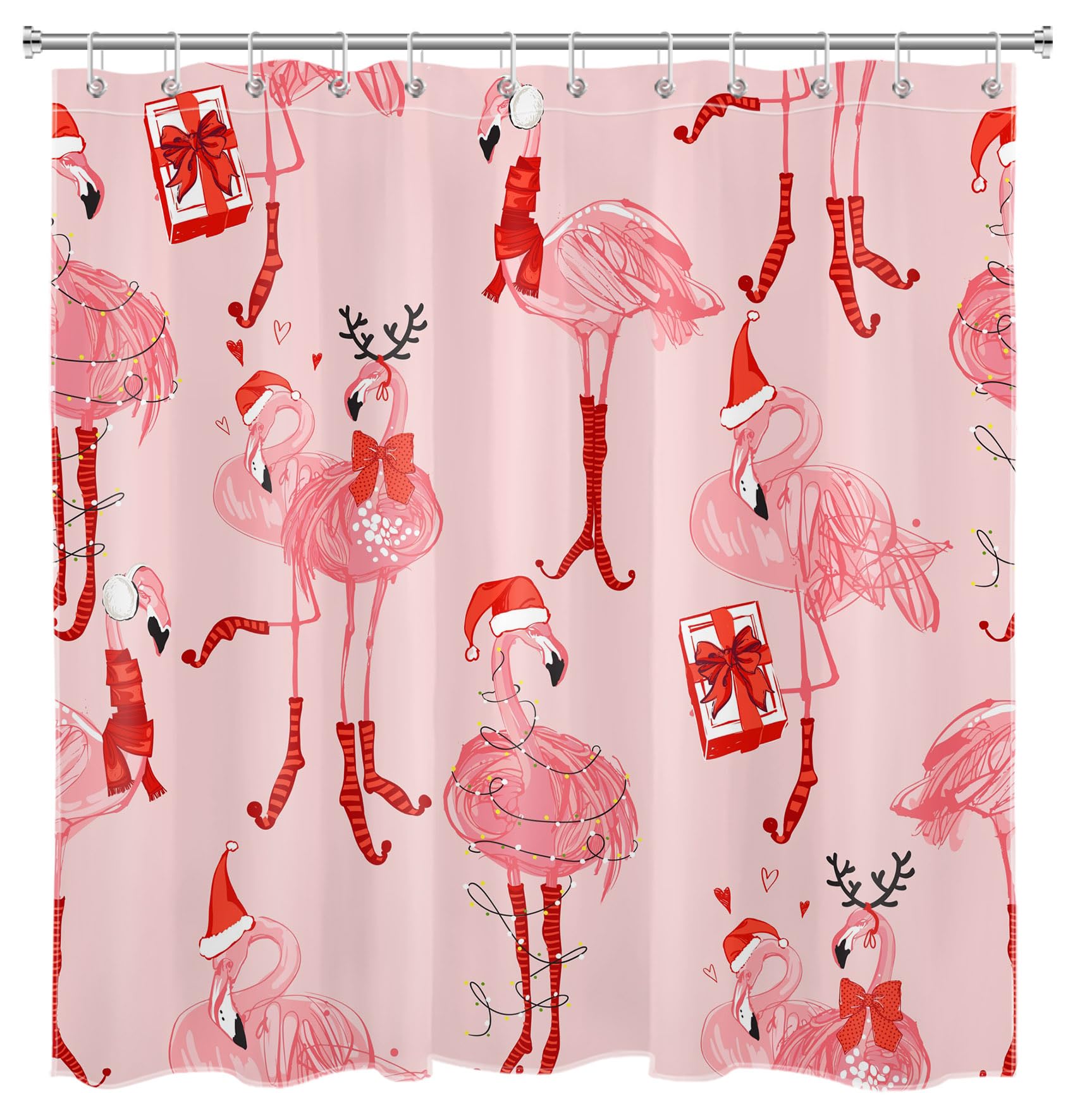 WEENEO Pink Christmas Shower Curtain Funny Flamingo with Red Xmas Hat and Gift Shower Curtain for Bathroom Winter Holiday Fabric Bath Curtain with 12pcs Hooks,72x72 Inch