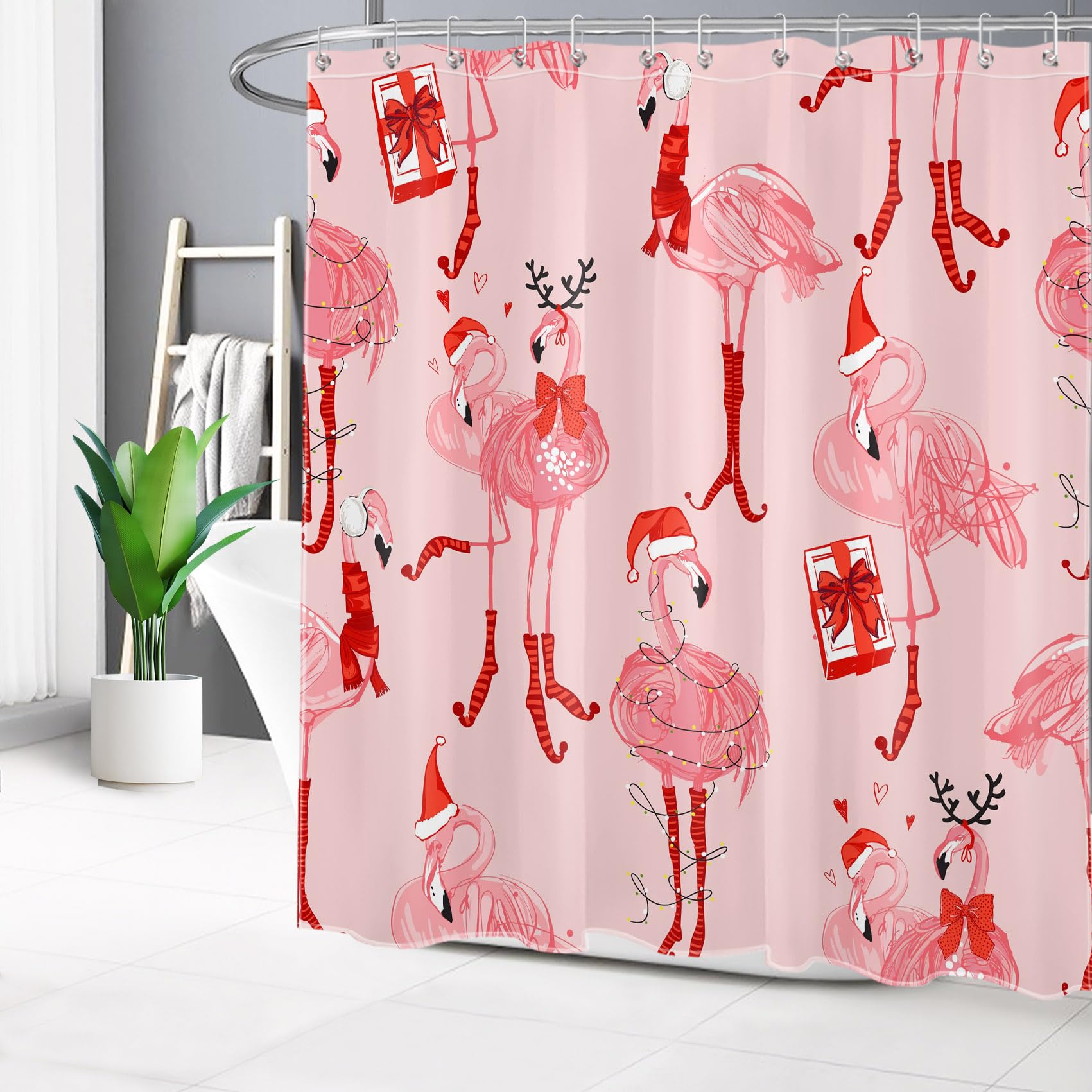 WEENEO Pink Christmas Shower Curtain Funny Flamingo with Red Xmas Hat and Gift Shower Curtain for Bathroom Winter Holiday Fabric Bath Curtain with 12pcs Hooks,72x72 Inch