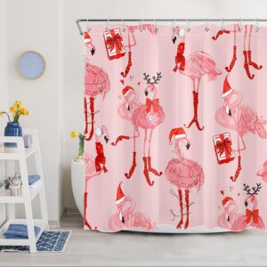 WEENEO Pink Christmas Shower Curtain Funny Flamingo with Red Xmas Hat and Gift Shower Curtain for Bathroom Winter Holiday Fabric Bath Curtain with 12pcs Hooks,72x72 Inch