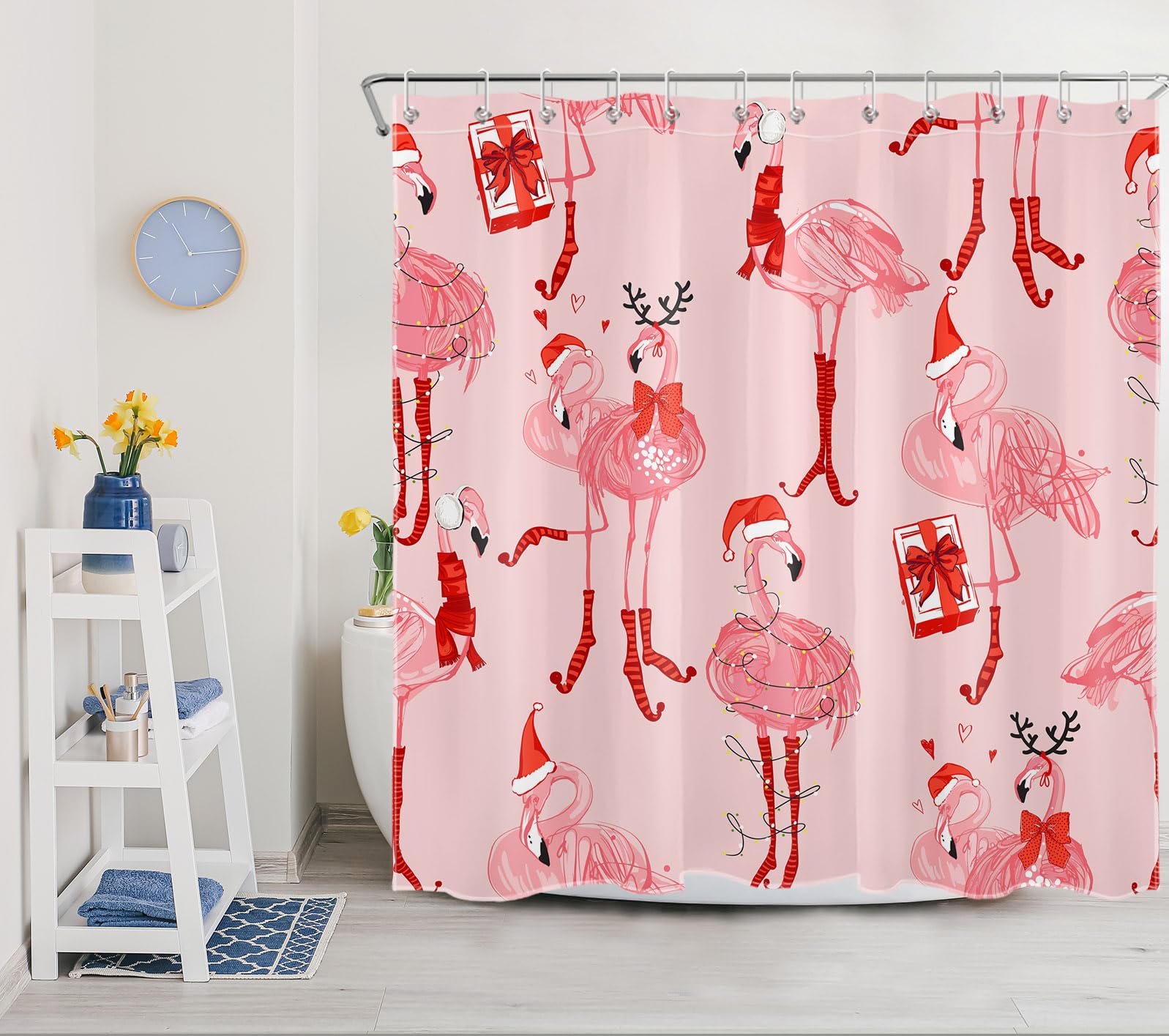 WEENEO Pink Christmas Shower Curtain Funny Flamingo with Red Xmas Hat and Gift Shower Curtain for Bathroom Winter Holiday Fabric Bath Curtain with 12pcs Hooks,72x72 Inch