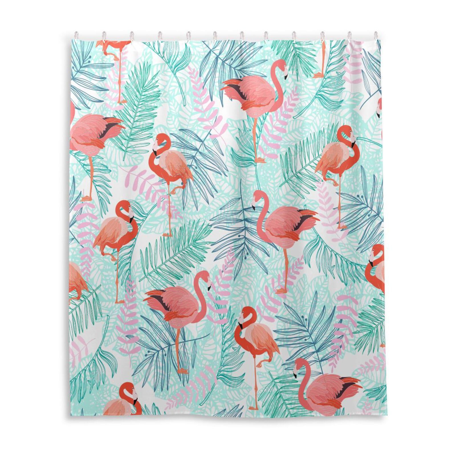 Burbuja Shower Curtain for Bathroom, Leaves and Flamingo Waterproof Washable Shower Bath Curtain for Home Hotels with 12 Hooks, 60x72 in