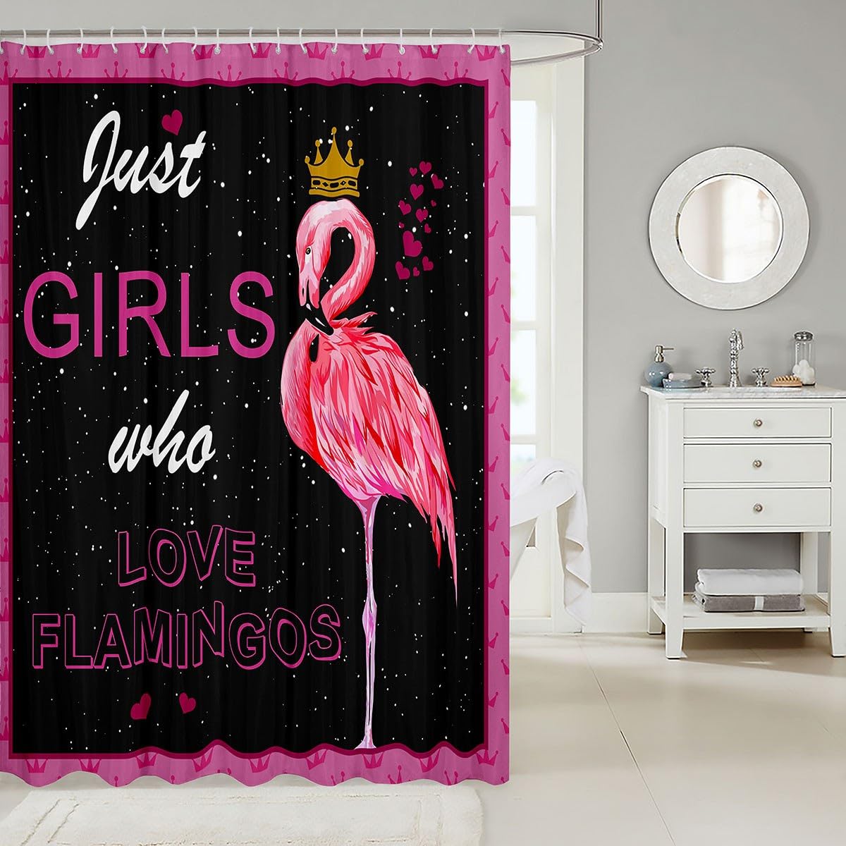 Flamingo Kids Shower Curtains,American Birds Animals Starry Sky Romantic Bathroom Curtains for Boys Girls Adults,Crowns Love Heart Dreamy Pink Waterproof Curtains,12 Hooks Suits,72" W x 72" L