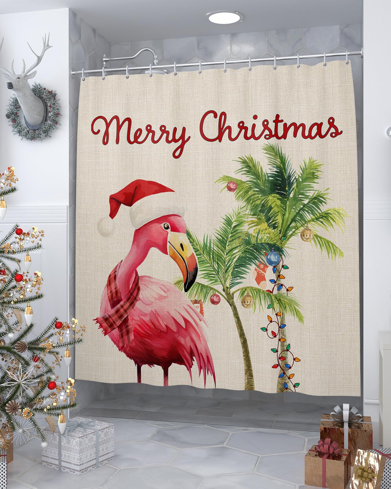 Merry Christmas Shower Curtain for Bathroom 72" x 78" Tropical Flamingo Palm Tree Shower Curtain with Hooks Polyester Waterproof Home Bathtub Decor