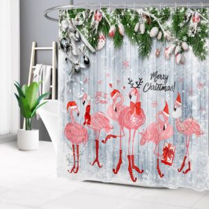 HVEST Christmas Flamingo Shower Curtain, Pink Flamingos with Xmas Hat on Grey Board Shower Curtain with Hooks, Pine Tree and Snowy Berry with Snowflake Polyester Fabric Bath Decor, 78L x 72W Inches