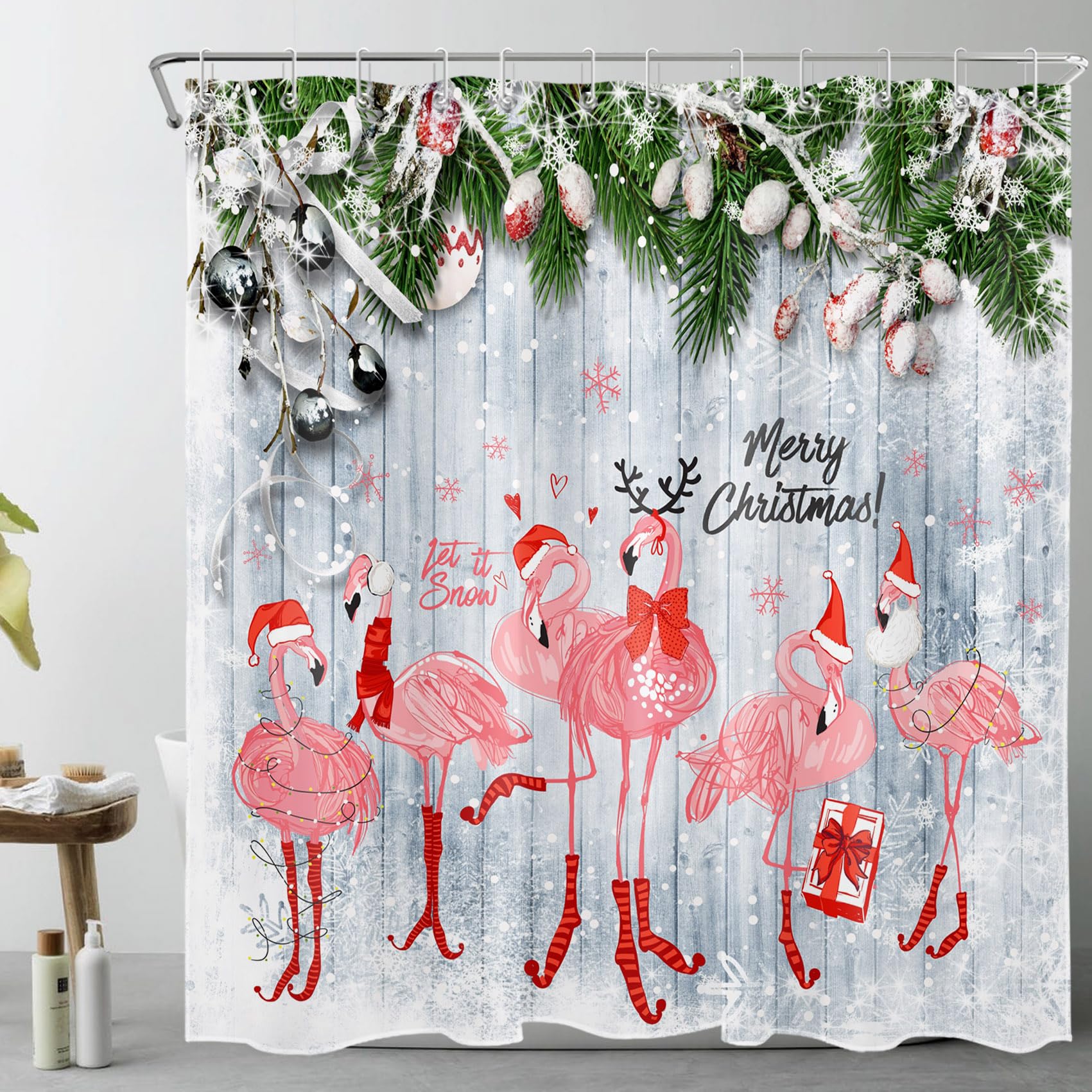 HVEST Christmas Flamingo Shower Curtain, Pink Flamingos with Xmas Hat on Grey Board Shower Curtain with Hooks, Pine Tree and Snowy Berry with Snowflake Polyester Fabric Bath Decor, 78L x 72W Inches