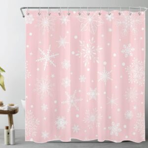 lb pink christmas shower curtain for bathroom, winter snowflake on pink and white fabric shower curtain with hooks, new year holiday bathroom curtain shower set, 72" w x 78" l