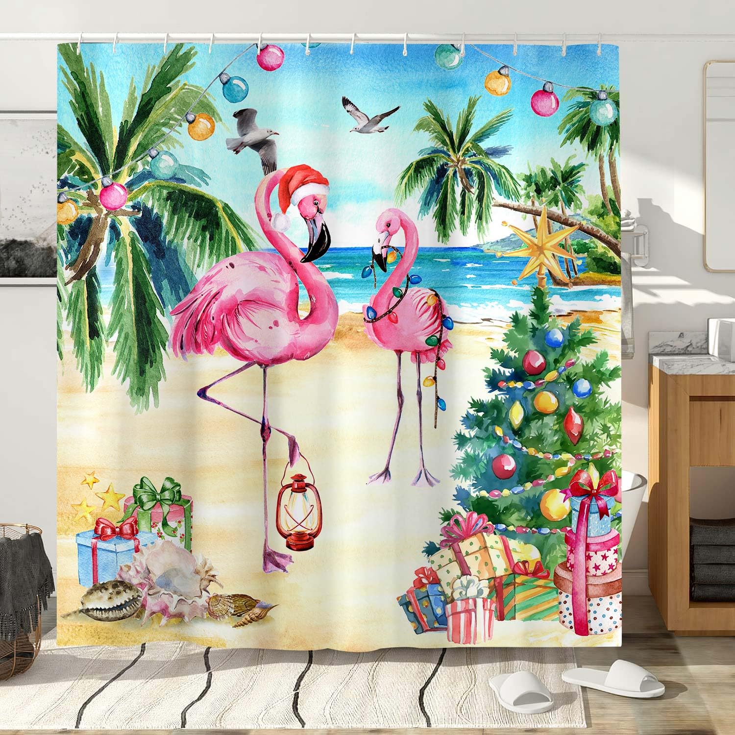 Christmas Flamingo Shower Curtain, Pink Tropical Beach Themed Funny Xmas Hat New Year Holiday Fabric Bath Curtains, Winter Palm Leaves Bathroom Bathtubs Decor with Hooks