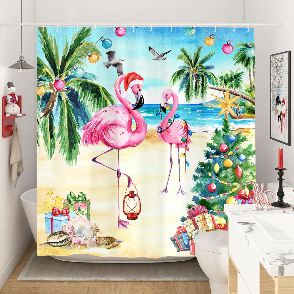 Christmas Flamingo Shower Curtain, Pink Tropical Beach Themed Funny Xmas Hat New Year Holiday Fabric Bath Curtains, Winter Palm Leaves Bathroom Bathtubs Decor with Hooks