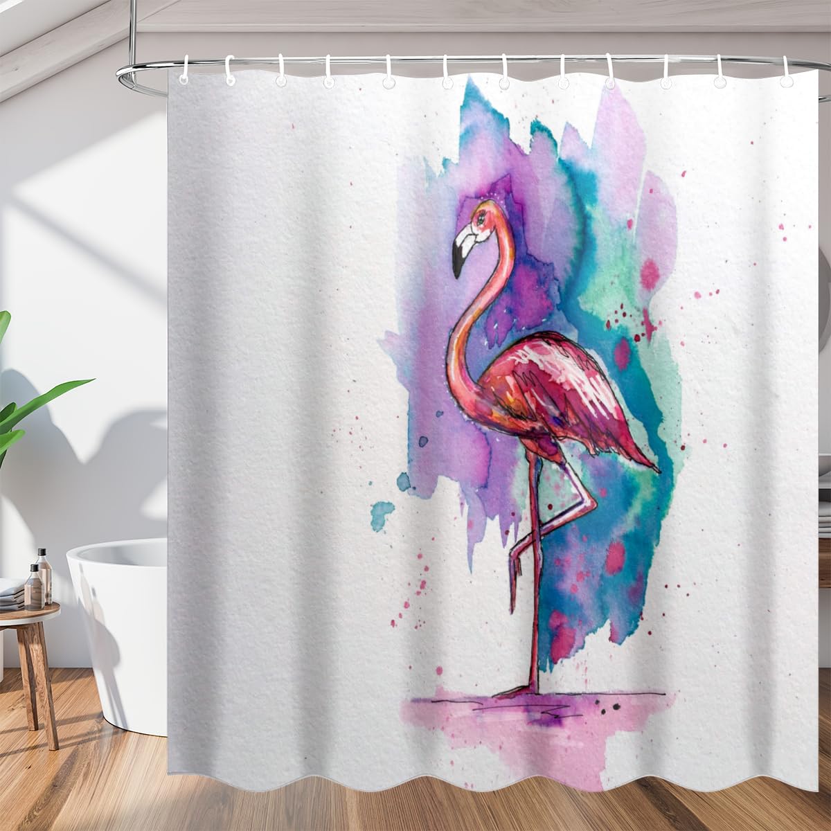 Aglebo Beautiful Watercolor Flamingo Shower Curtain Fabric Shower Curtain Set with 12 Hooks Water-Proof 72 * 72 Inches for Bathroom Beach Caravan Hotel